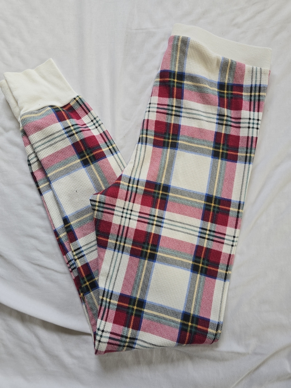 Old Navy White Waffle-Knit Bottoms with Red & Navy Plaid Accents